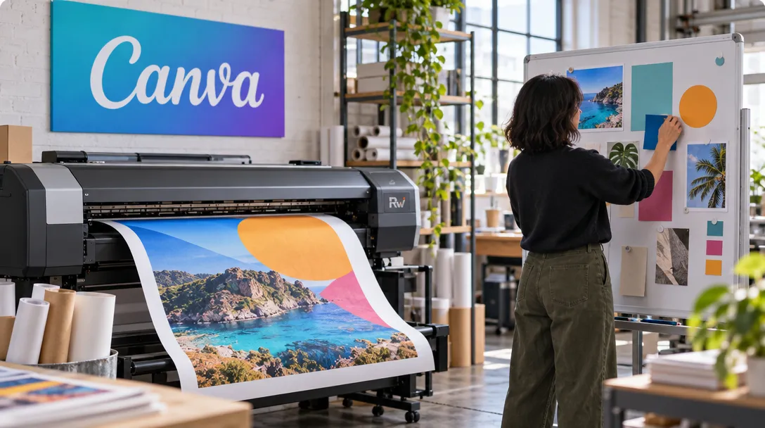 A designer arranges colored shapes beside a large-format printer producing an image in a Canva-branded studio.