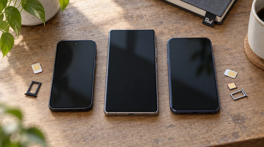 Three unbranded smartphones sit beside SIM cards and trays, representing a comparison of carrier settings across iPhone, Pixel, and Galaxy.