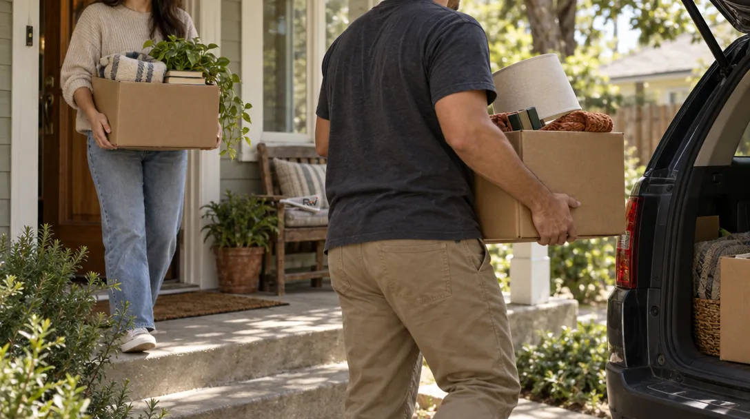 A pickup worker carries a box of household donations from a homeowner’s porch toward an unmarked vehicle.