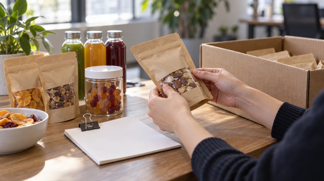 Hands inspect unbranded snack packages, drinks, and a supplement sample beside an open delivery crate.