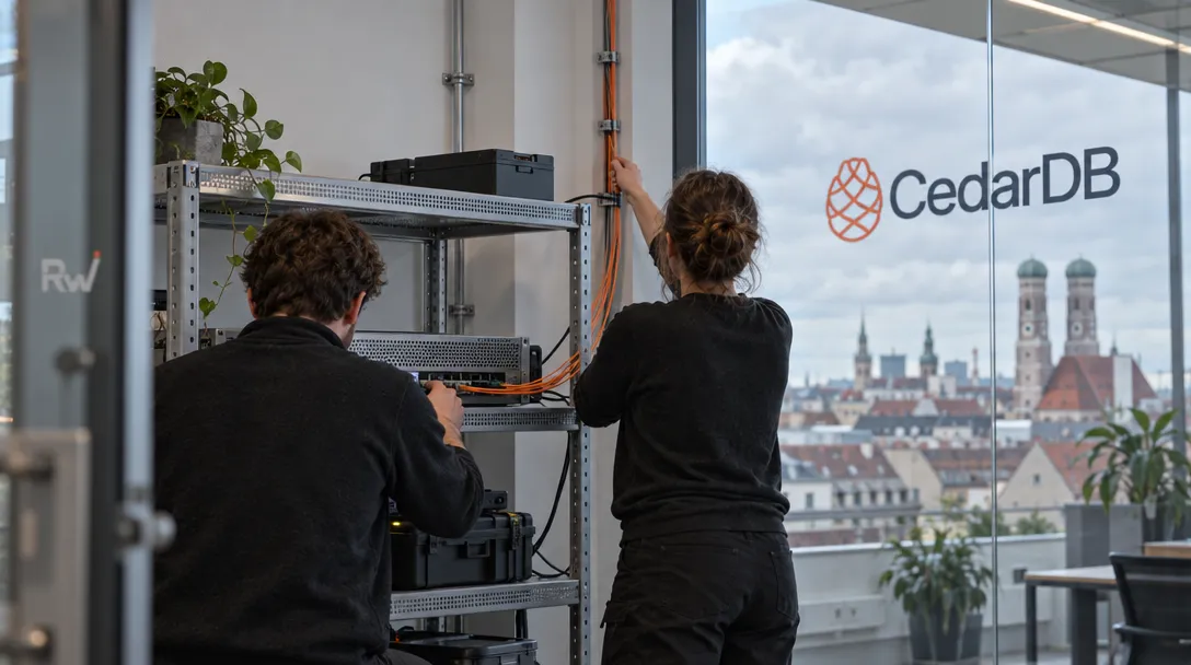 Two engineers check a local compute appliance and its fiber connection in a Munich test room beneath a CedarDB sign.