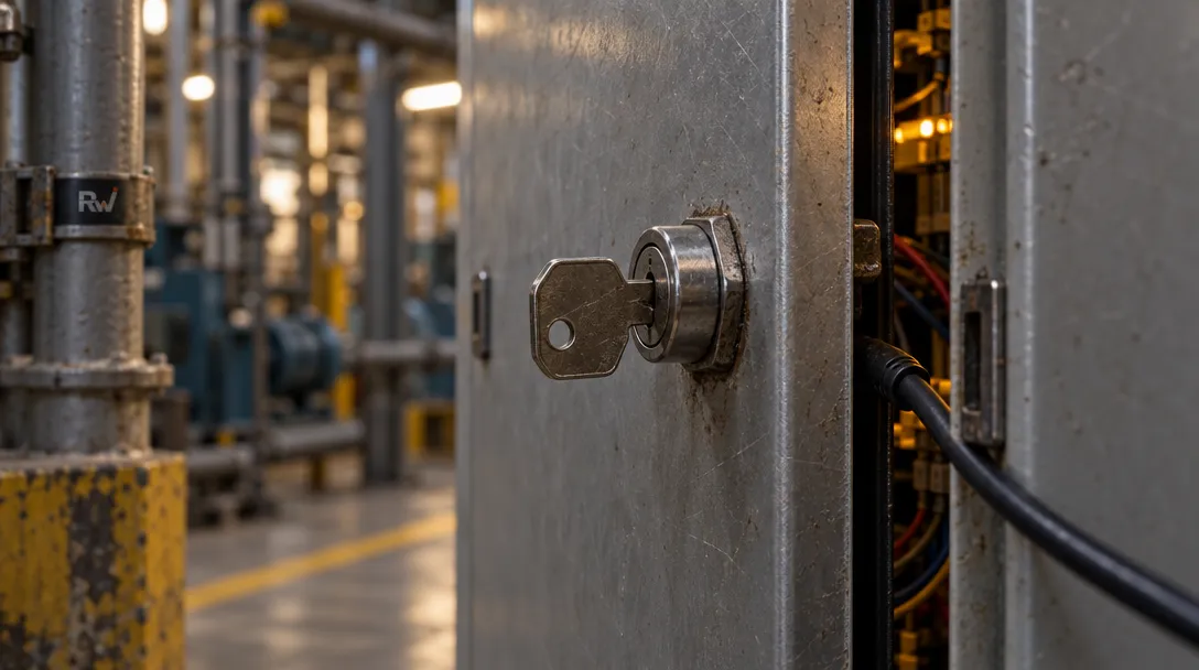 A metal key is left in the lock of an ajar industrial control cabinet, with powered wiring visible inside.