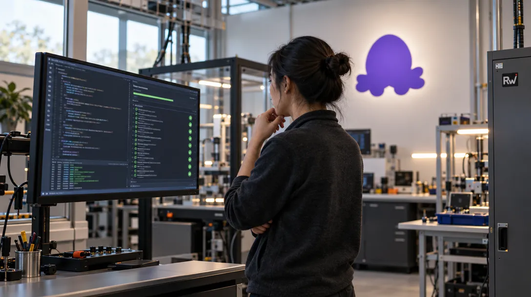A software engineer reviews a test run at a standing console in a lab marked with the Chainguard logo.
