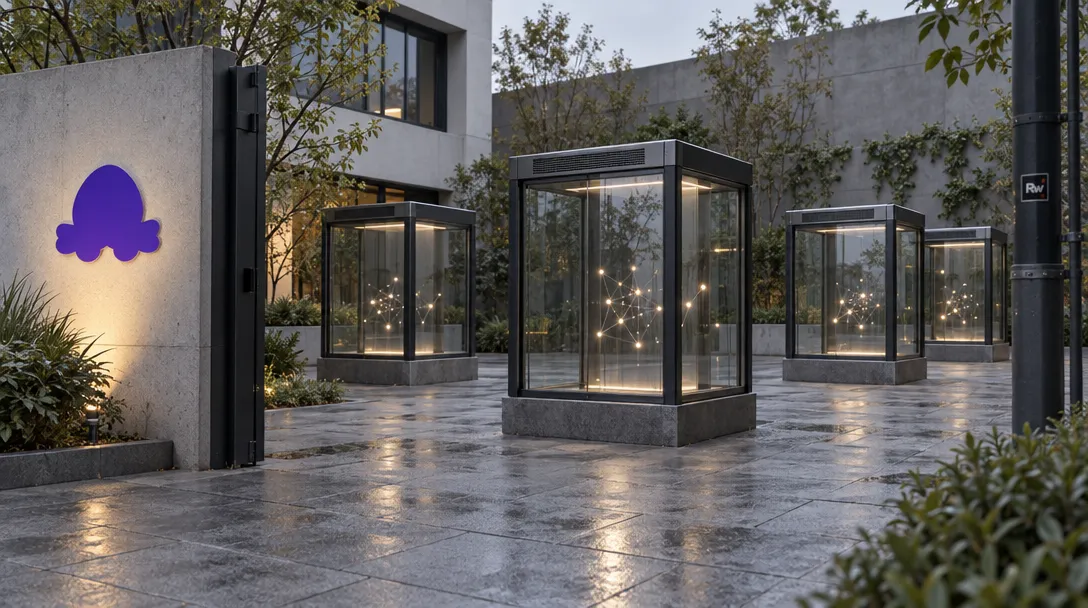 Separate glass bays representing coding agents’ isolated microVM environments stand in a courtyard beneath a Chainguard sign.