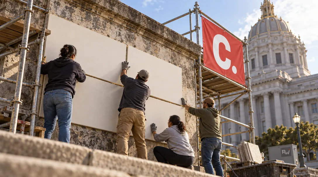 Volunteers rebuild a public petition wall beneath a Change.org banner in a civic plaza.
