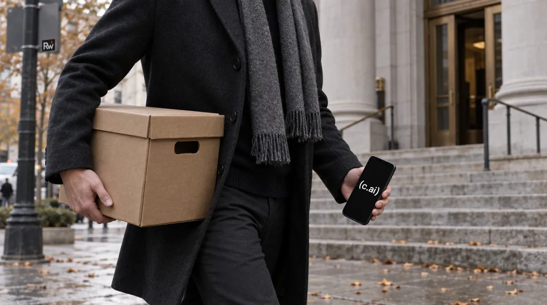 A passerby carries a plain records box outside a courthouse while holding a phone displaying the Character.AI logo.