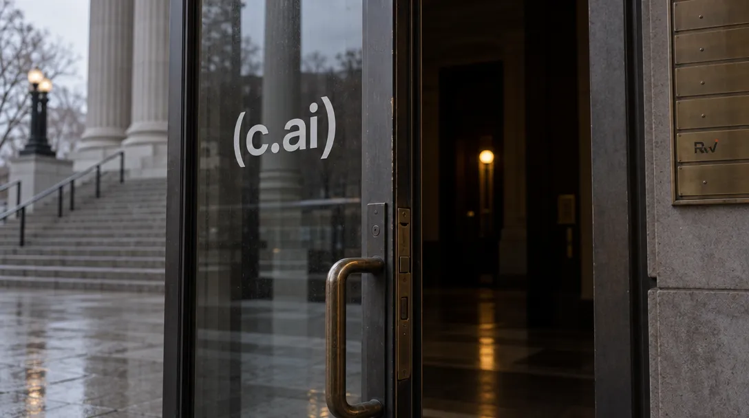 A Character.AI decal marks a partly open glass doorway, with one light glowing inside and courthouse steps beyond.