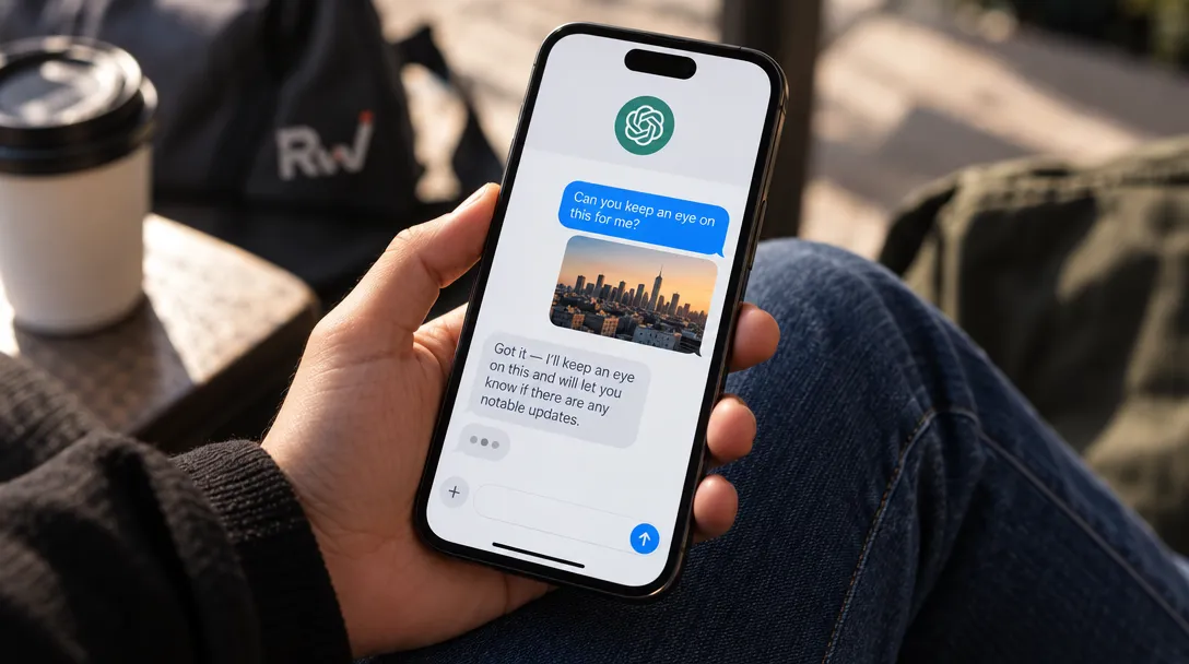 A hand holds a phone displaying the ChatGPT logo and a conversation about monitoring a city skyline photo, beside a takeaway cup.