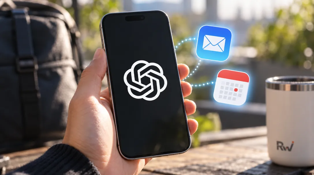 A hand holds a phone displaying the OpenAI logo beside floating mail and calendar icons, a backpack and a white mug.