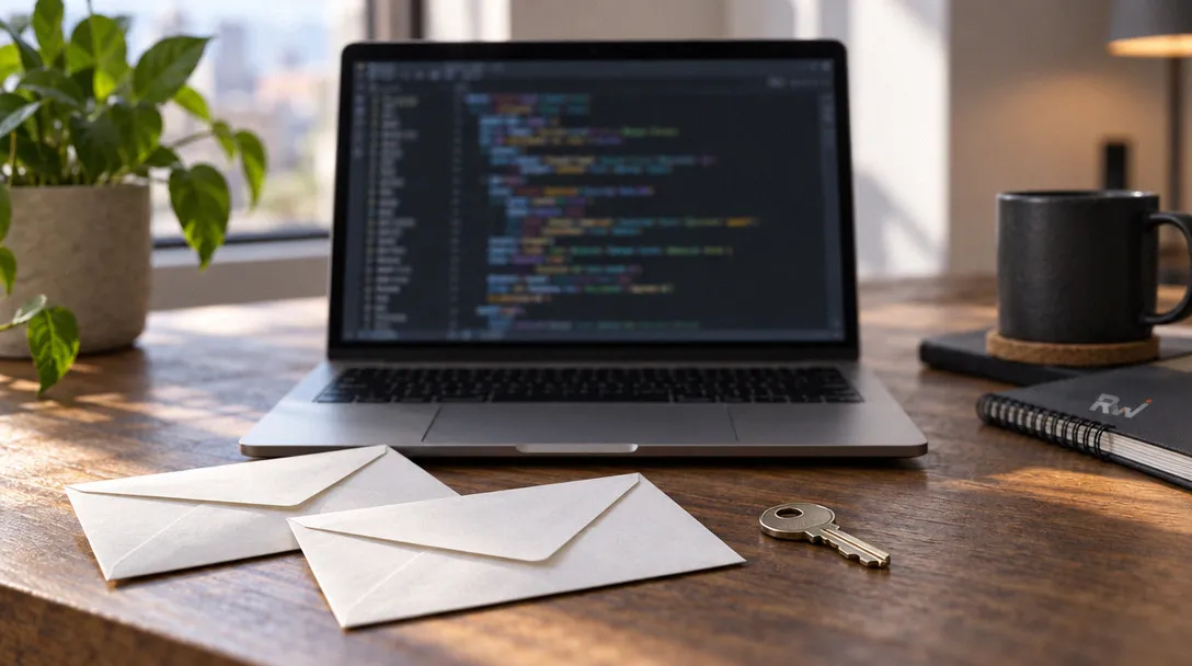 A laptop with unreadable source code sits beside two blank envelopes and a small metal key.