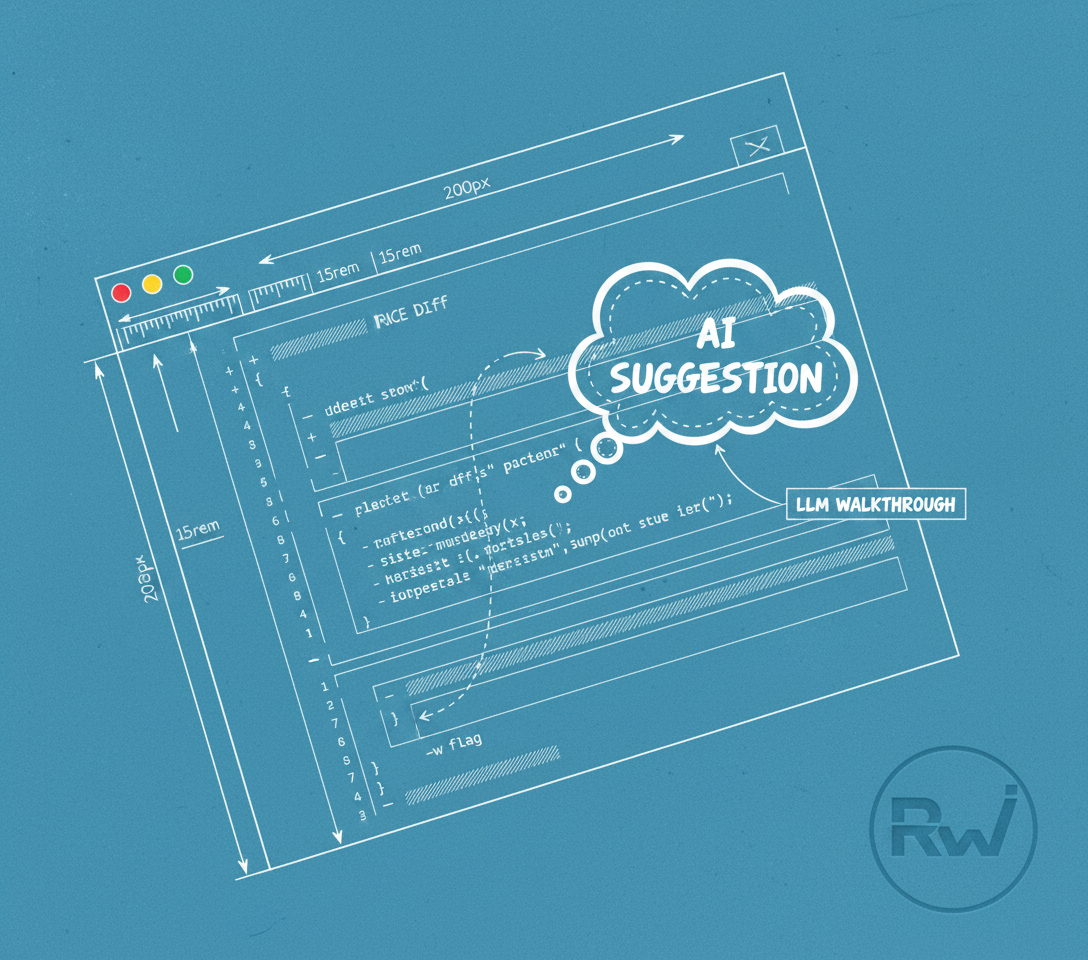 Code diff review interface with AI suggestions (Architectural drafting blueprint — white linework on cyanotype blue paper with annotations)
