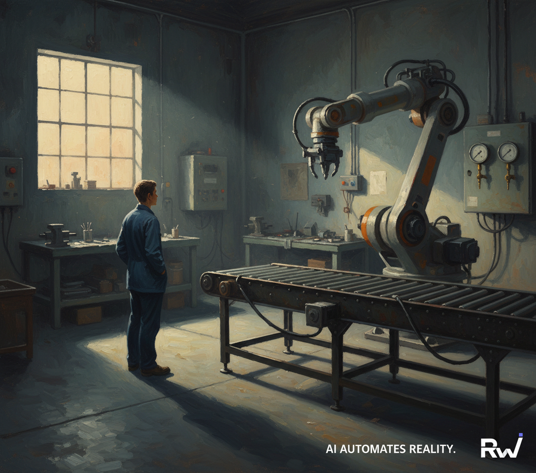 A lone human figure observing industrial automation, representing AI's integration into the physical economy (Oil painting in the manner of Edward Hopper)