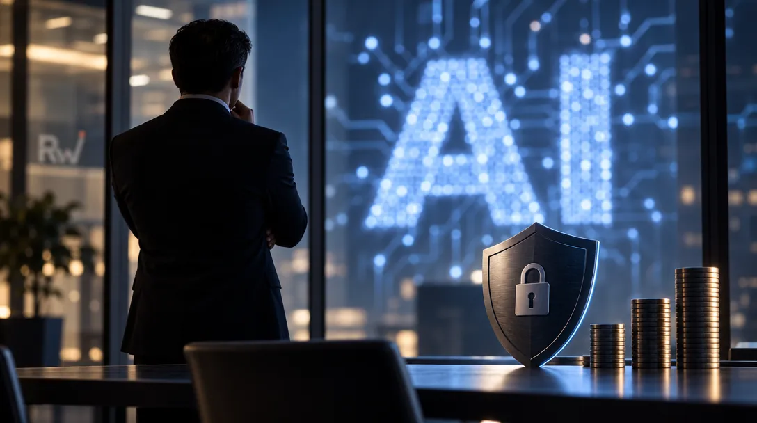 A suited man stands facing a window with glowing “AI” letters, while a shield with a padlock and stacks of coins sit on a desk.