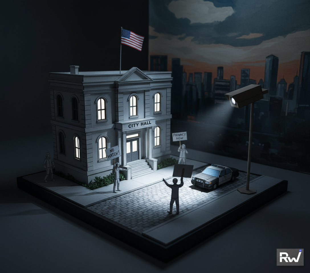 A miniature urban street scene depicting the tension between ubiquitous surveillance technology and city residents/government (Paper-craft diorama with handcrafted figurines and painted backdrop)