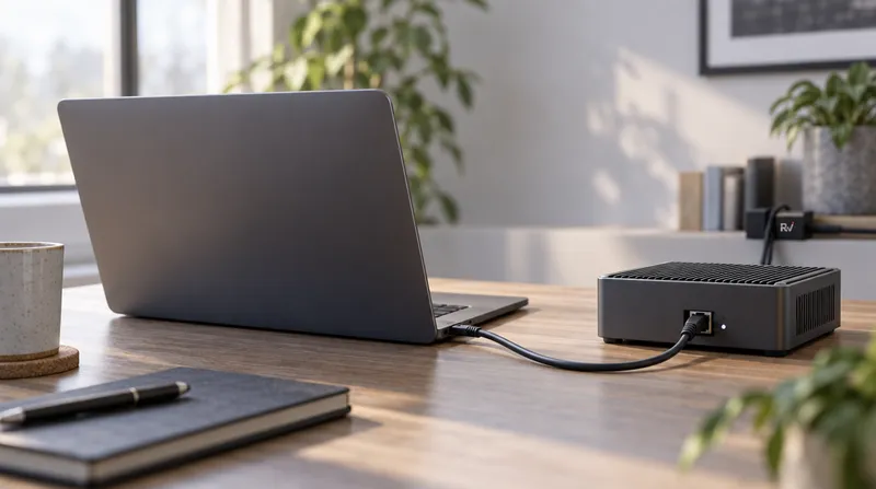 A laptop is connected by cable to a small unbranded server, illustrating a possible self-hosted Cowork path.