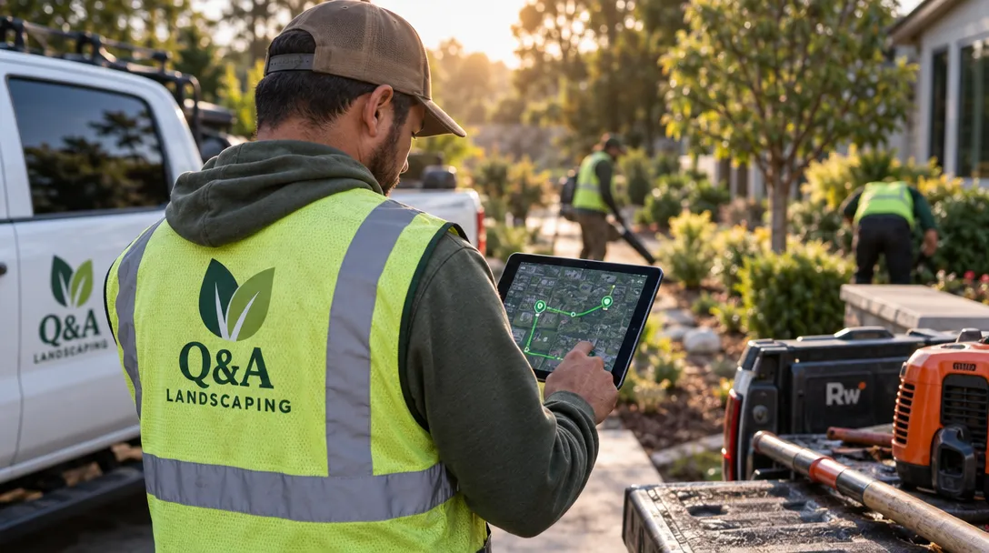 A worker in a Q&A Landscaping safety vest checks a tablet beside a branded truck as others work among garden plants.