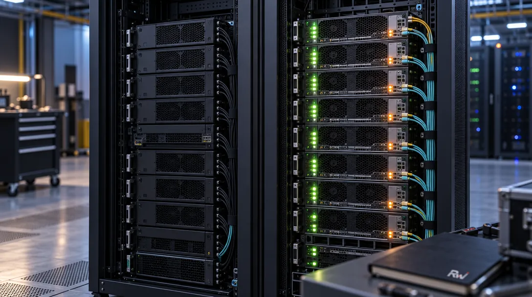 Generic GPU server racks and redundant fiber links illustrate Clockwork's failover software deployed at LinkedIn and Together AI's TorchPass offering.