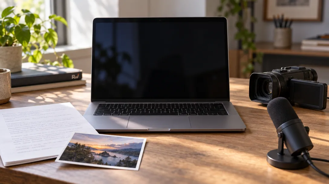 A laptop sits among a page, photograph, microphone, and video camera, representing Cloudflare’s Clef-omni multimodal model.