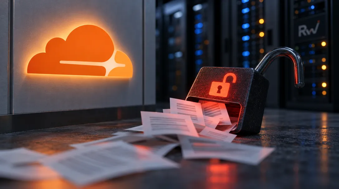 An orange Cloudflare logo glows beside server racks, while an open padlock with a lock icon sits among scattered papers.
