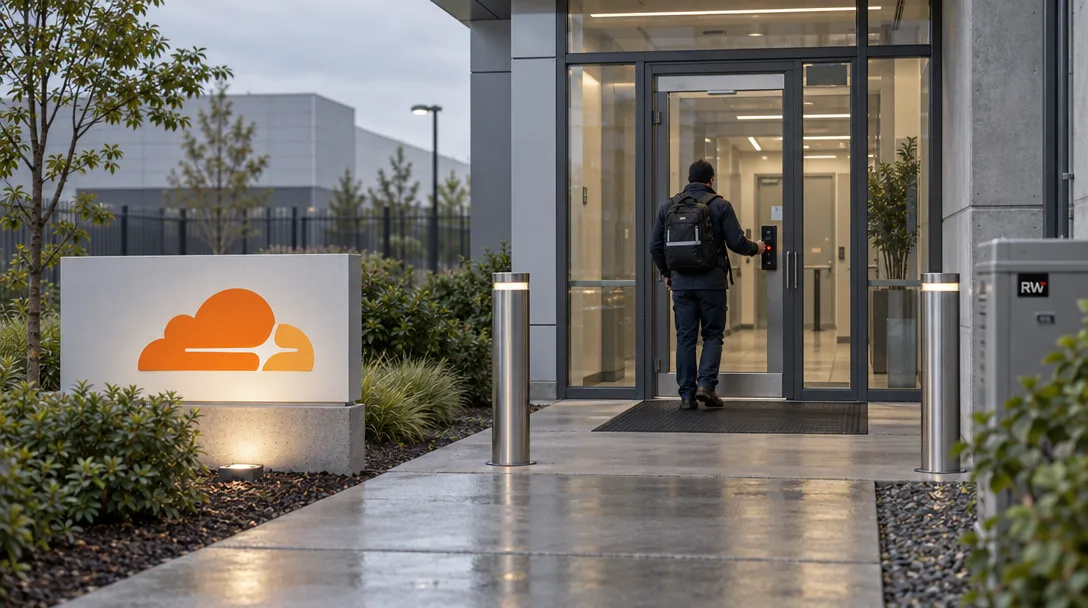 A worker pauses at a secured regional facility entrance beside a Cloudflare sign.