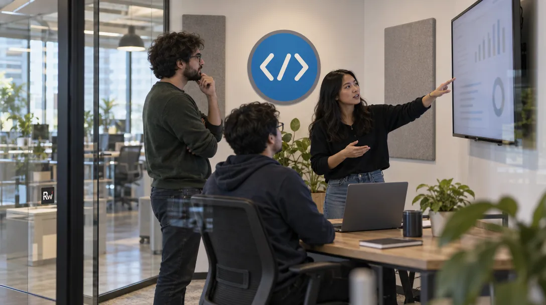 A small engineering team discusses work beside a wall display in a studio with a CodeTogether sign.