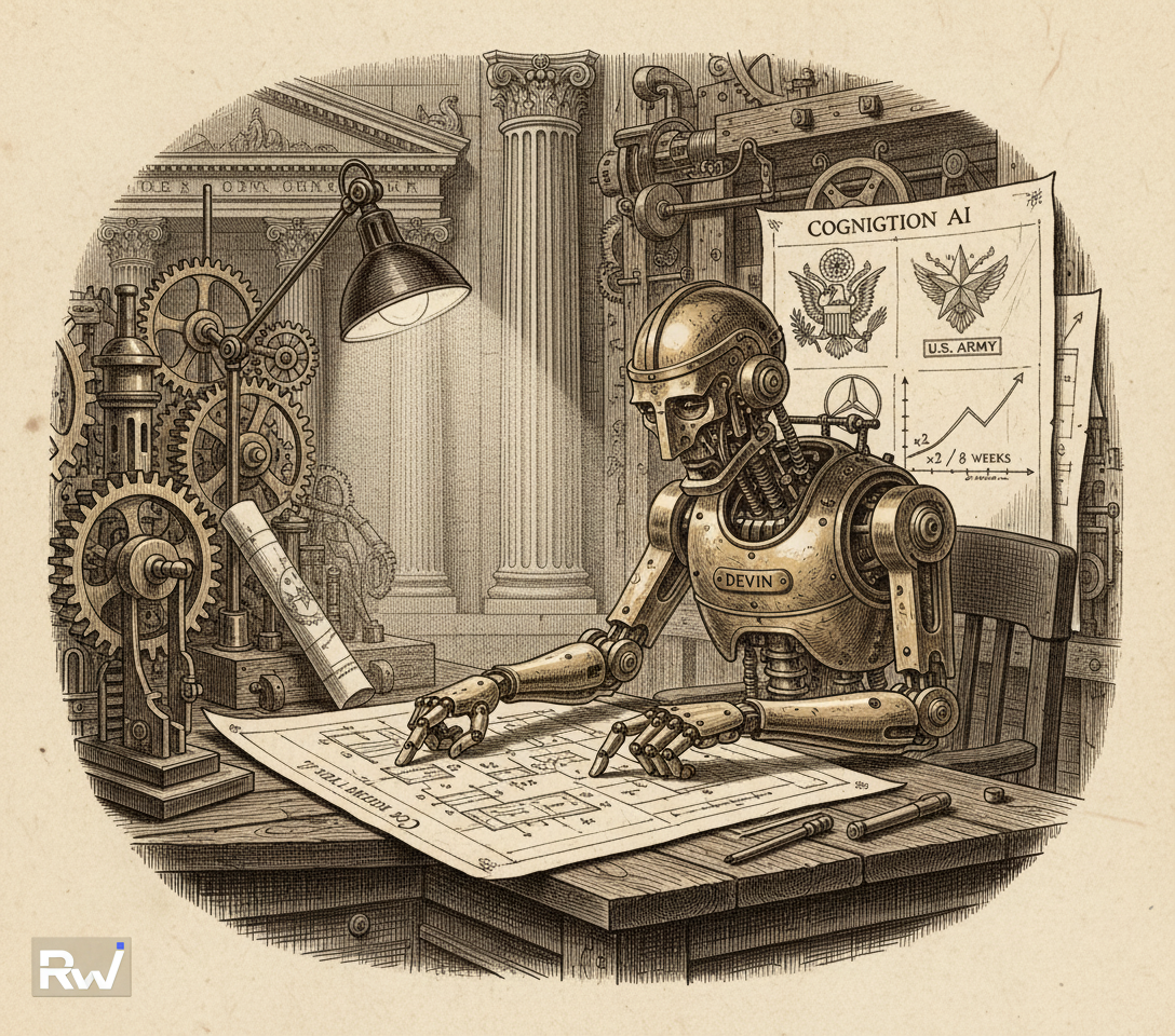 A sophisticated mechanical automaton, representative of an AI coding agent named 'Devin', meticulously at work on a complex set of blueprints or schematics. (Vintage scientific illustration — engraved plate from a 19th-century journal, sepi