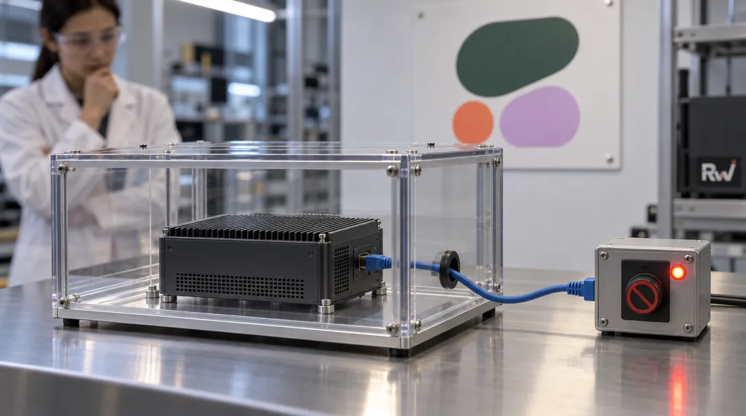 A lab-coated person watches a black electronic unit inside a clear enclosure, connected by a blue cable to a control box with a glowing red light.