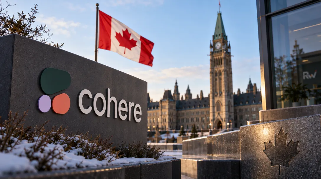 A Cohere sign and Canadian flag stand before clock-tower Parliament buildings, with snow covering the stone planters.