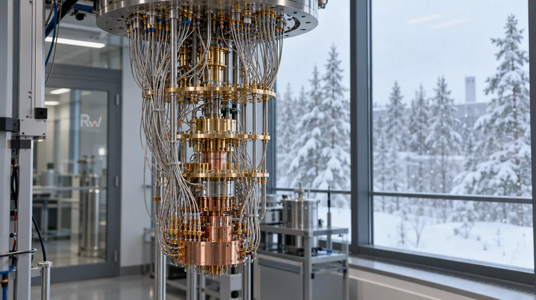A cryogenic quantum-computing research rig sits amid dense signal cables in a Finnish laboratory as snow falls outside.