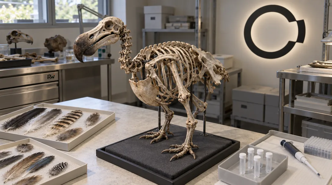 A dodo skeleton rests beside bird-feather specimens and sealed lab tubes beneath a Colossal Biosciences sign.
