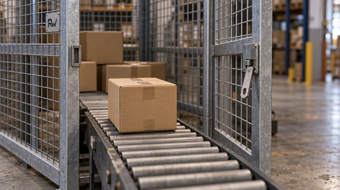 Cardboard boxes move along a roller conveyor inside a metal mesh enclosure marked with an “RW” logo.