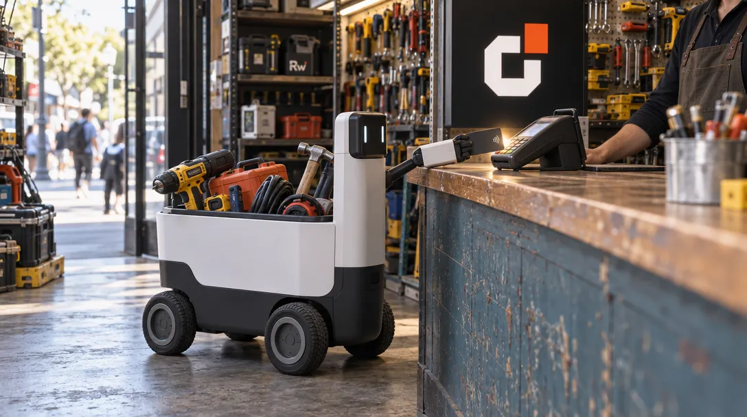 A small autonomous cart taps a payment terminal at a tool-rental shop beneath a Composio sign.