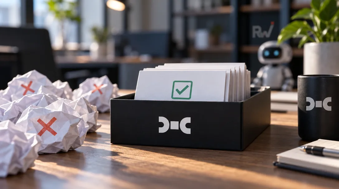 A black D·C box holds papers marked with a green check beside crumpled sheets marked with red Xs, a matching mug, and a small robot.