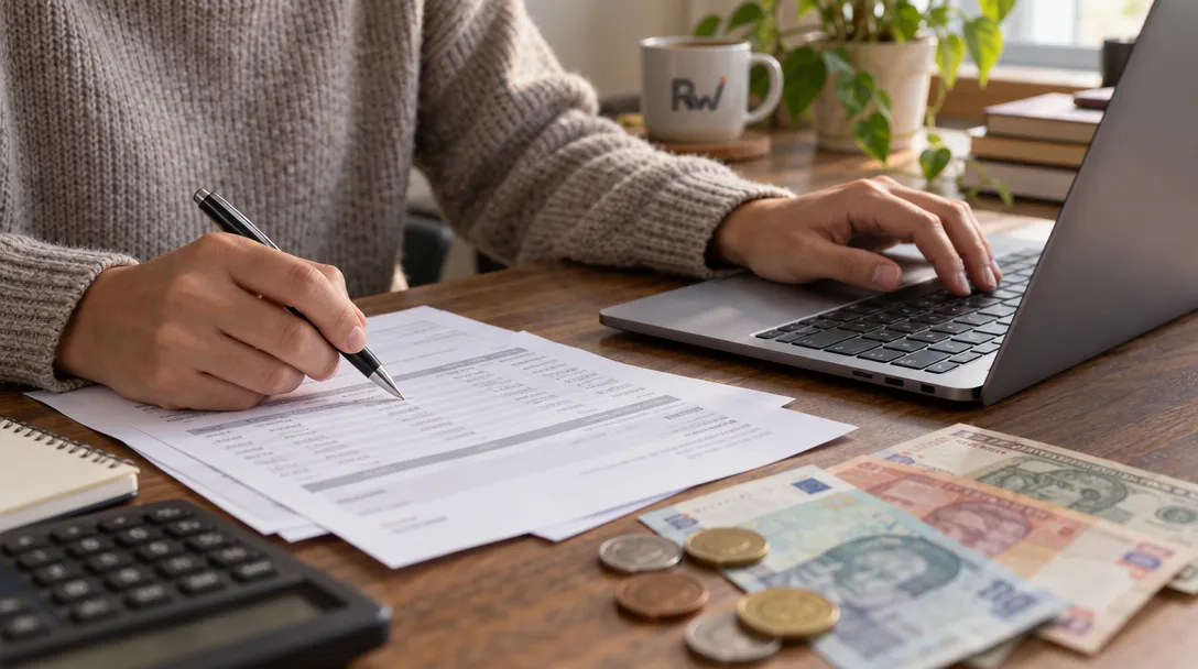 A person reviews a bank statement beside a laptop, with assorted coins and banknotes on the desk.