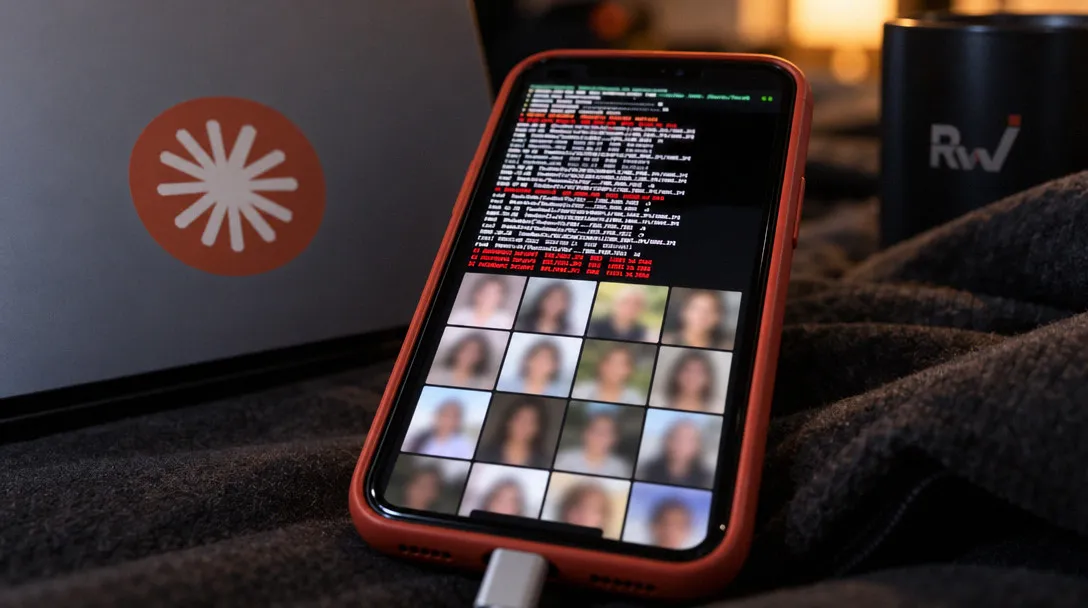 A red-cased phone plugged in beside a laptop with an orange emblem and a black cup marked “RW”; the phone displays terminal text and a grid of blurred portraits.