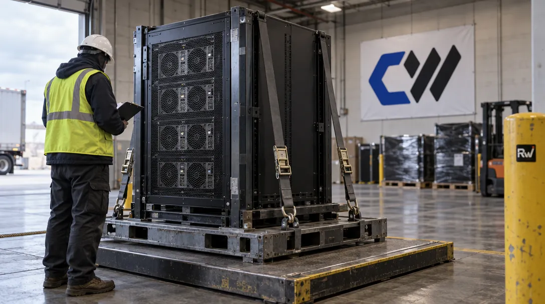 A risk assessor inspects GPU compute equipment secured on a warehouse scale beneath a CoreWeave sign.