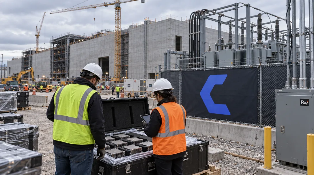 An insurance assessor and site manager inspect a case of semiconductor packages at a CoreWeave data-center construction site.