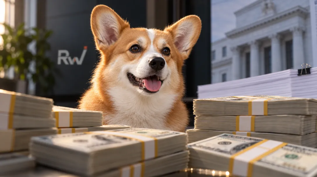 A tan-and-white corgi pants behind stacks of banded U.S. dollar bills, with an “Rw” logo and a columned building in the background.