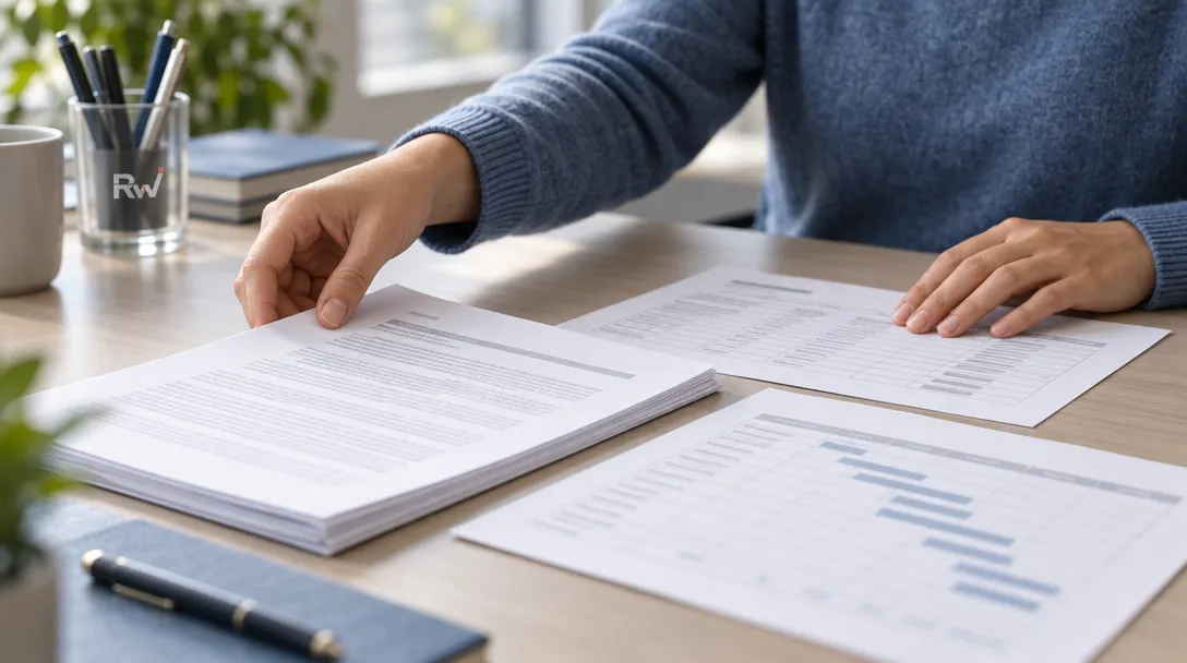 A clinical research planner’s hands arrange trial-design papers beside budget documents and an operating schedule.