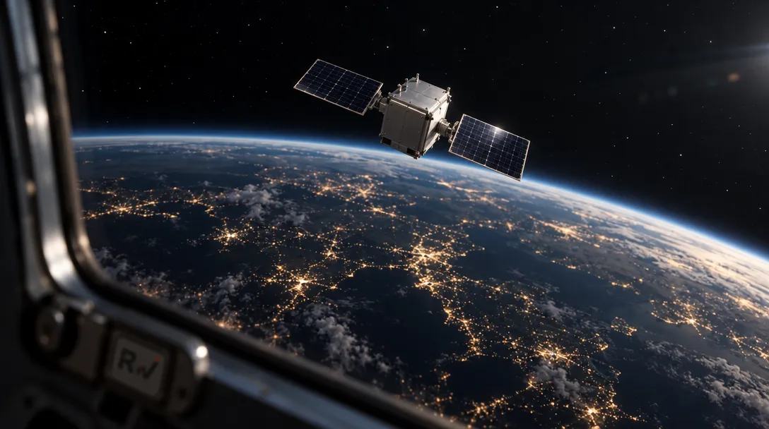A small, generic test satellite representing Cowboy Space’s Reason-1 floats above Earth’s illuminated night side.