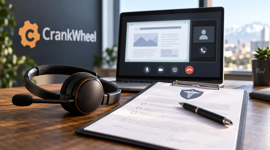 A headset rests beside a laptop displaying a video call, while a pen lies on a clipboard beneath the CrankWheel wall logo.