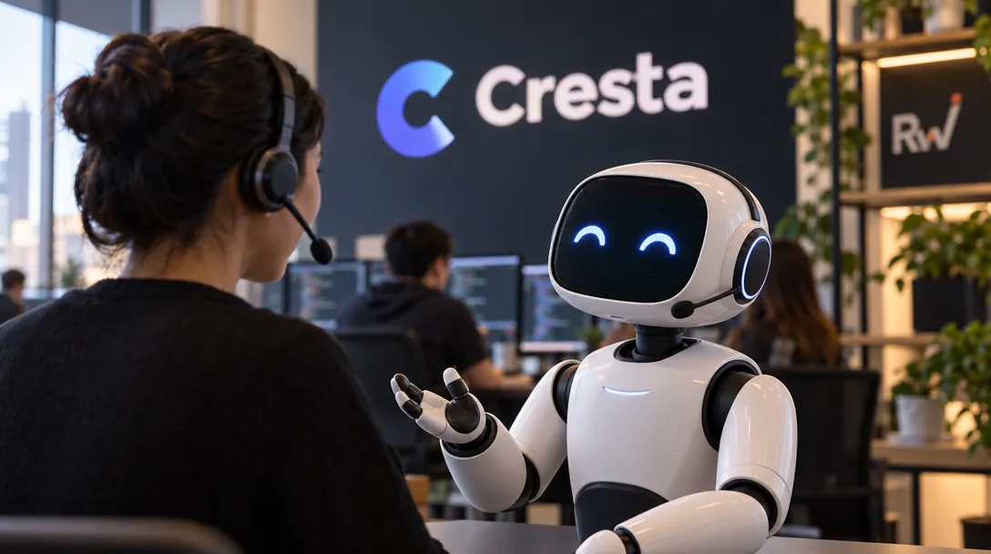 A headset-wearing woman faces a waving white robot beneath a wall sign reading “Cresta.”