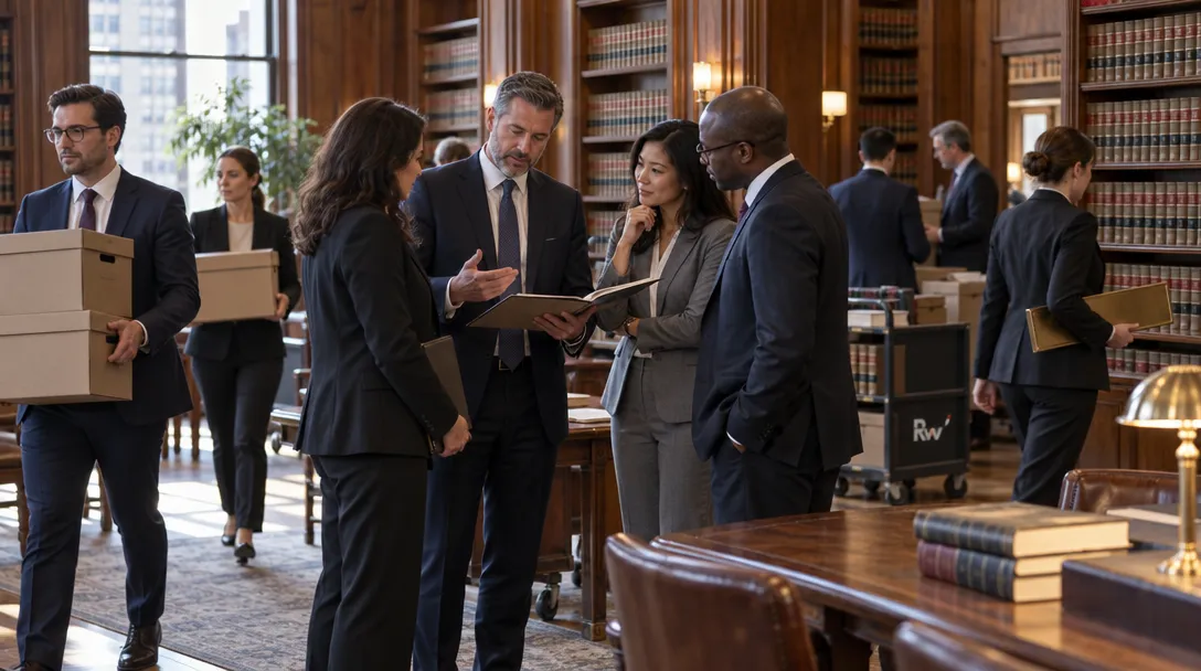 Several suited adults discuss a folder in a wood-paneled library as others carry boxes and books; a cart bears “rw.”