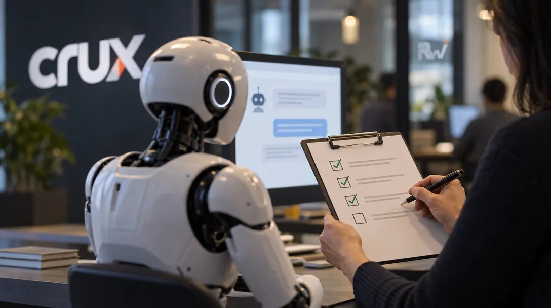 A white humanoid robot faces a monitor beneath a CRUX logo as a person marks a checklist on a clipboard.