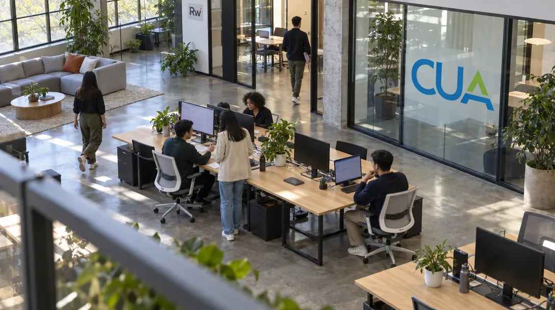 Coworkers share computer stations in an open studio with the Cua logo on a glass partition.