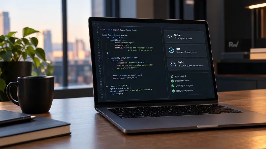 A laptop displays code beside Define, Test, and Deploy panels with green checks; a black mug, notebooks, and leafy plant sit nearby.