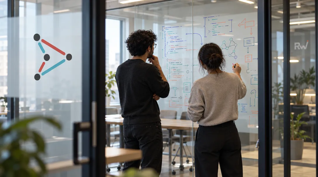 Two developers collaborate on a glass coding canvas inside a studio, with a Cursor decal on the doorway.