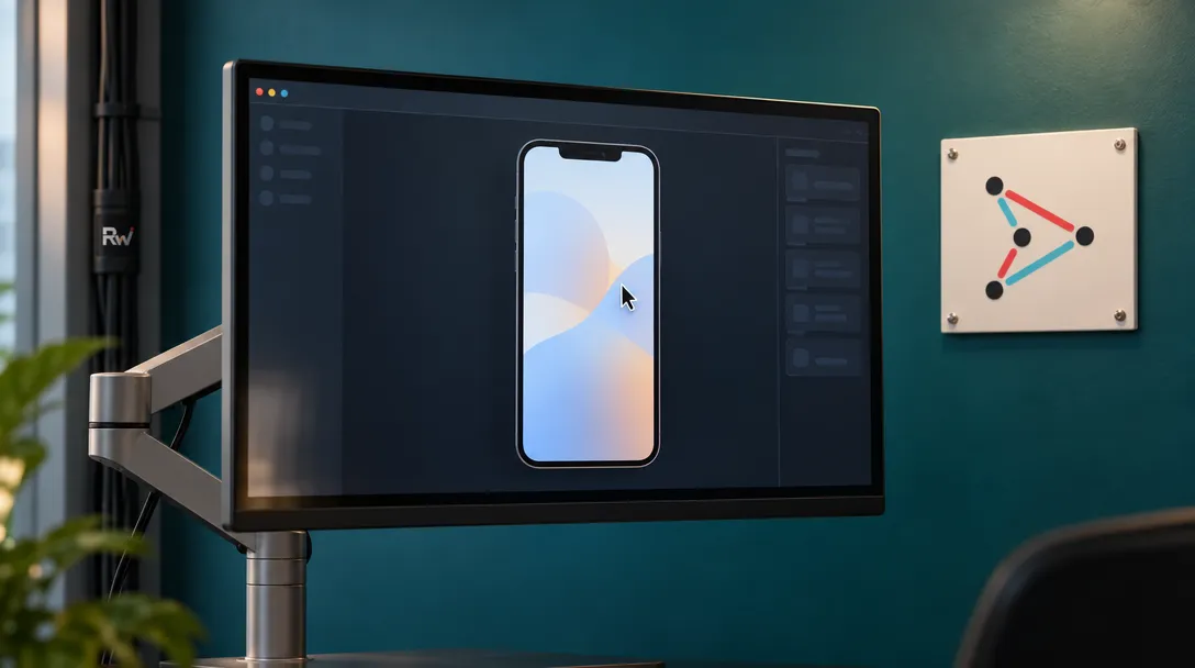 A desktop monitor shows a phone-shaped iOS Simulator preview with a pointer, beside a Cursor wall plaque.