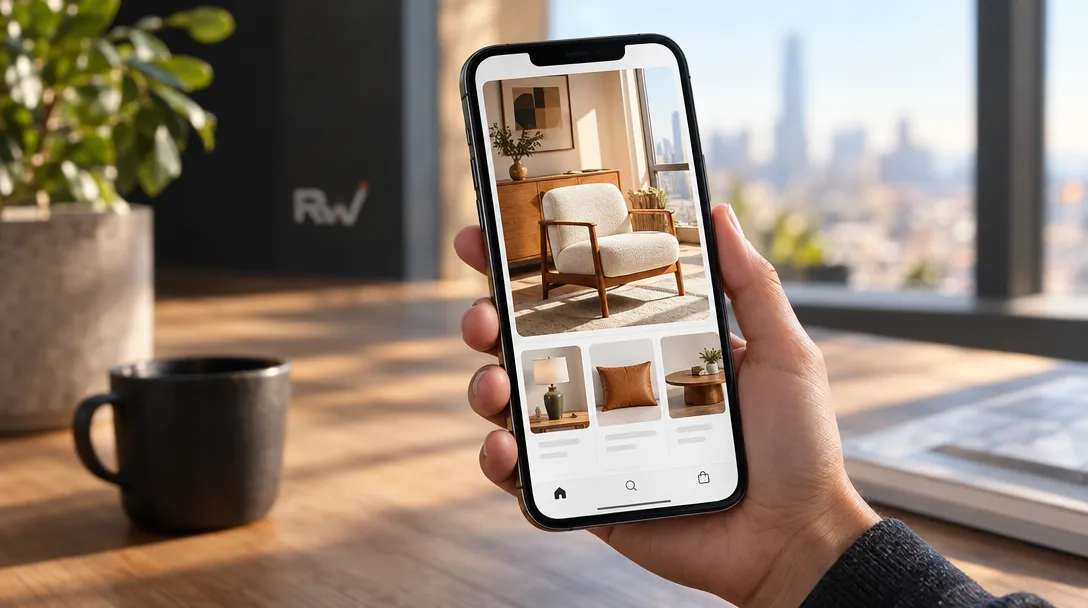 A hand holds a phone showing a cream armchair and furniture listings beside a black mug and potted plant; “Rw” appears on the wall.