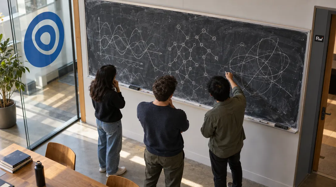 Three people study a chalkboard covered in equations and diagrams as one writes; a blue circular logo and “Rw” label are visible.